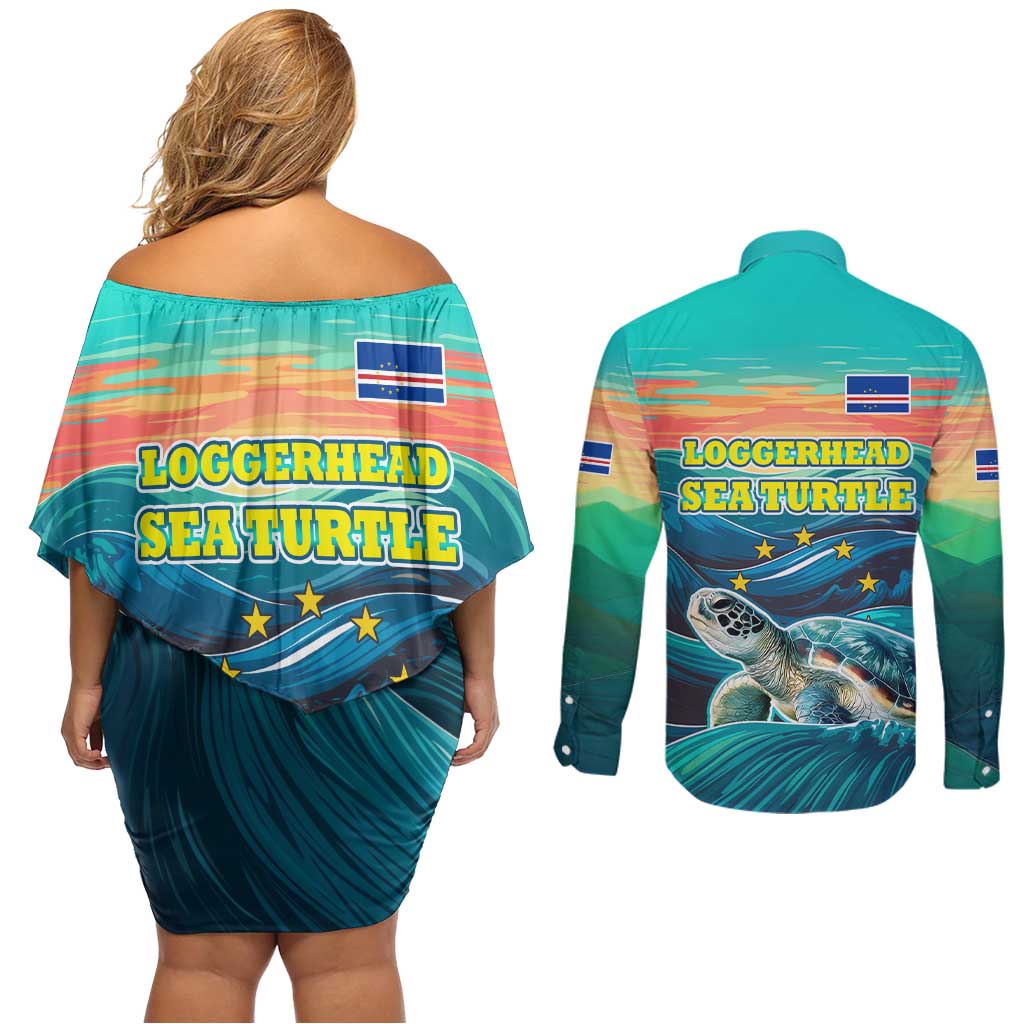 Cape Verde Couples Matching Off Shoulder Short Dress and Long Sleeve Button Shirt with Loggerhead Sea Turtle Ocean Sunset Spirit