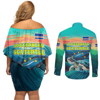 Cape Verde Couples Matching Off Shoulder Short Dress and Long Sleeve Button Shirt with Loggerhead Sea Turtle Ocean Sunset Spirit