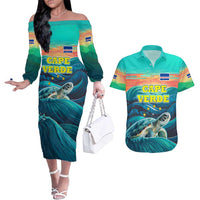 Cape Verde Couples Matching Off The Shoulder Long Sleeve Dress and Hawaiian Shirt with Loggerhead Sea Turtle Ocean Sunset Spirit