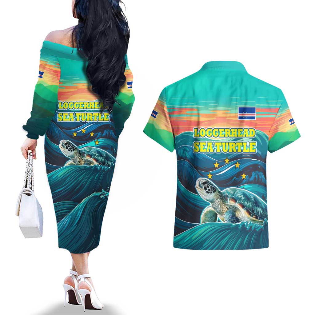 Cape Verde Couples Matching Off The Shoulder Long Sleeve Dress and Hawaiian Shirt with Loggerhead Sea Turtle Ocean Sunset Spirit