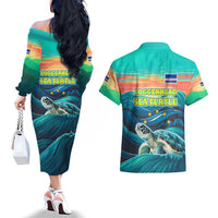 Cape Verde Couples Matching Off The Shoulder Long Sleeve Dress and Hawaiian Shirt with Loggerhead Sea Turtle Ocean Sunset Spirit