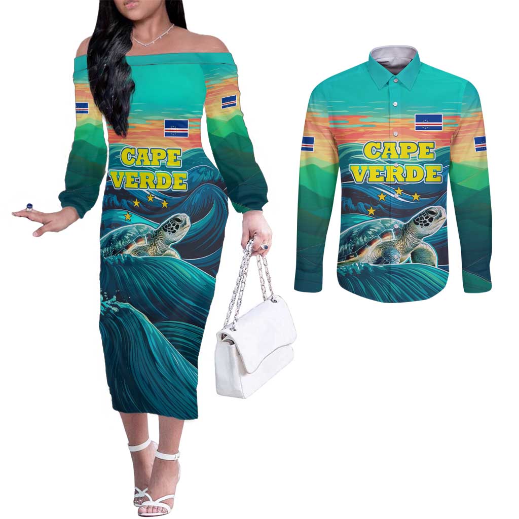 Cape Verde Couples Matching Off The Shoulder Long Sleeve Dress and Long Sleeve Button Shirt with Loggerhead Sea Turtle Ocean Sunset Spirit
