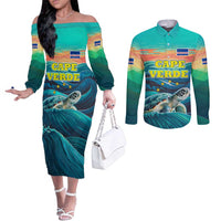 Cape Verde Couples Matching Off The Shoulder Long Sleeve Dress and Long Sleeve Button Shirt with Loggerhead Sea Turtle Ocean Sunset Spirit