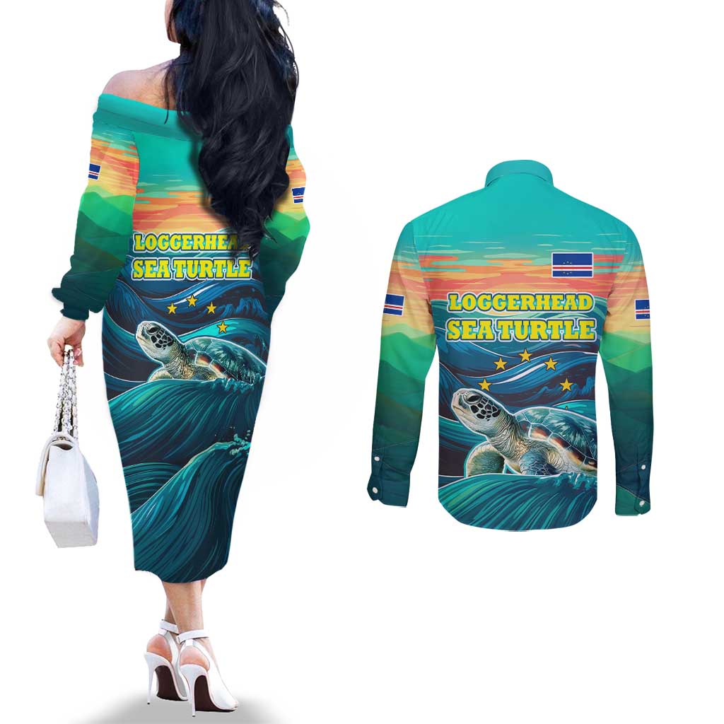 Cape Verde Couples Matching Off The Shoulder Long Sleeve Dress and Long Sleeve Button Shirt with Loggerhead Sea Turtle Ocean Sunset Spirit