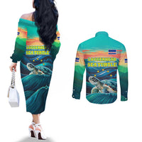 Cape Verde Couples Matching Off The Shoulder Long Sleeve Dress and Long Sleeve Button Shirt with Loggerhead Sea Turtle Ocean Sunset Spirit