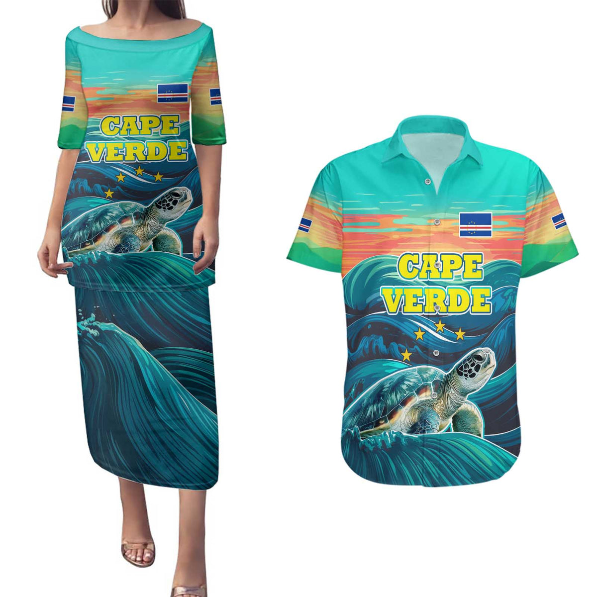 Cape Verde Couples Matching Puletasi and Hawaiian Shirt with Loggerhead Sea Turtle Ocean Sunset Spirit