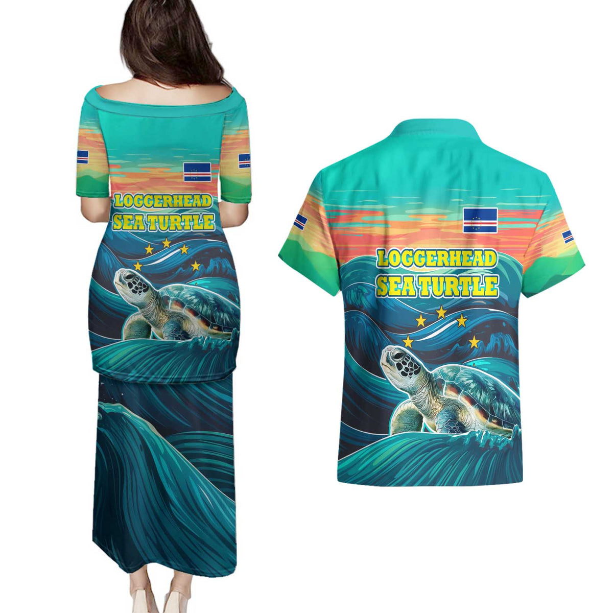 Cape Verde Couples Matching Puletasi and Hawaiian Shirt with Loggerhead Sea Turtle Ocean Sunset Spirit