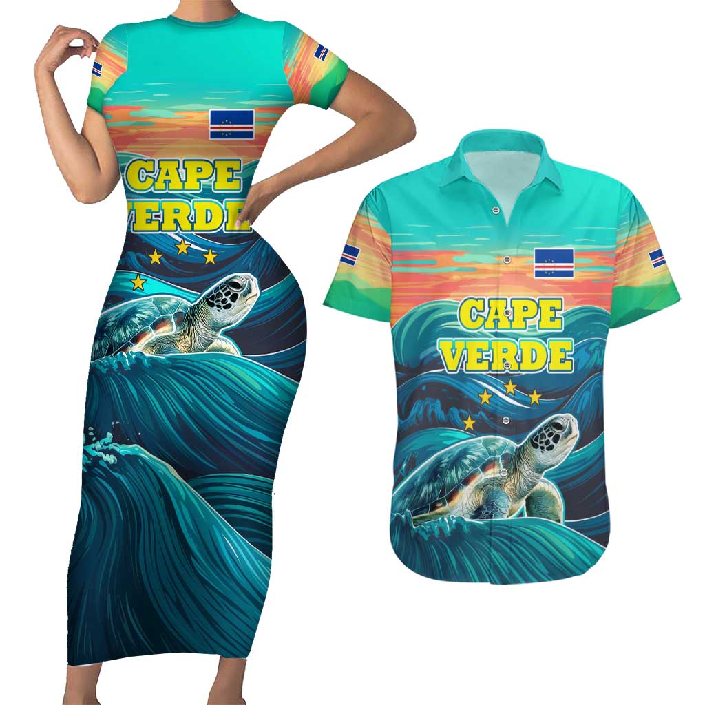 Cape Verde Couples Matching Short Sleeve Bodycon Dress and Hawaiian Shirt with Loggerhead Sea Turtle Ocean Sunset Spirit