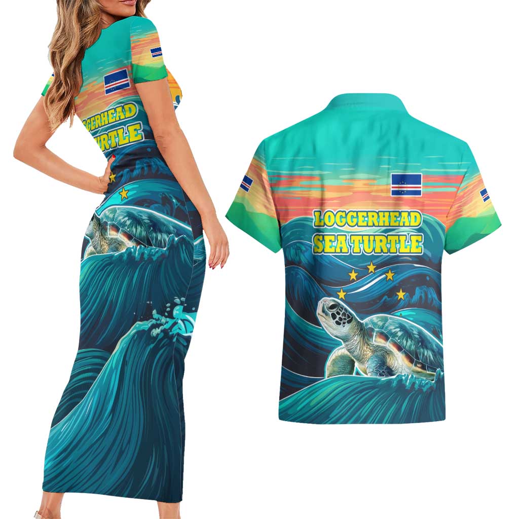 Cape Verde Couples Matching Short Sleeve Bodycon Dress and Hawaiian Shirt with Loggerhead Sea Turtle Ocean Sunset Spirit