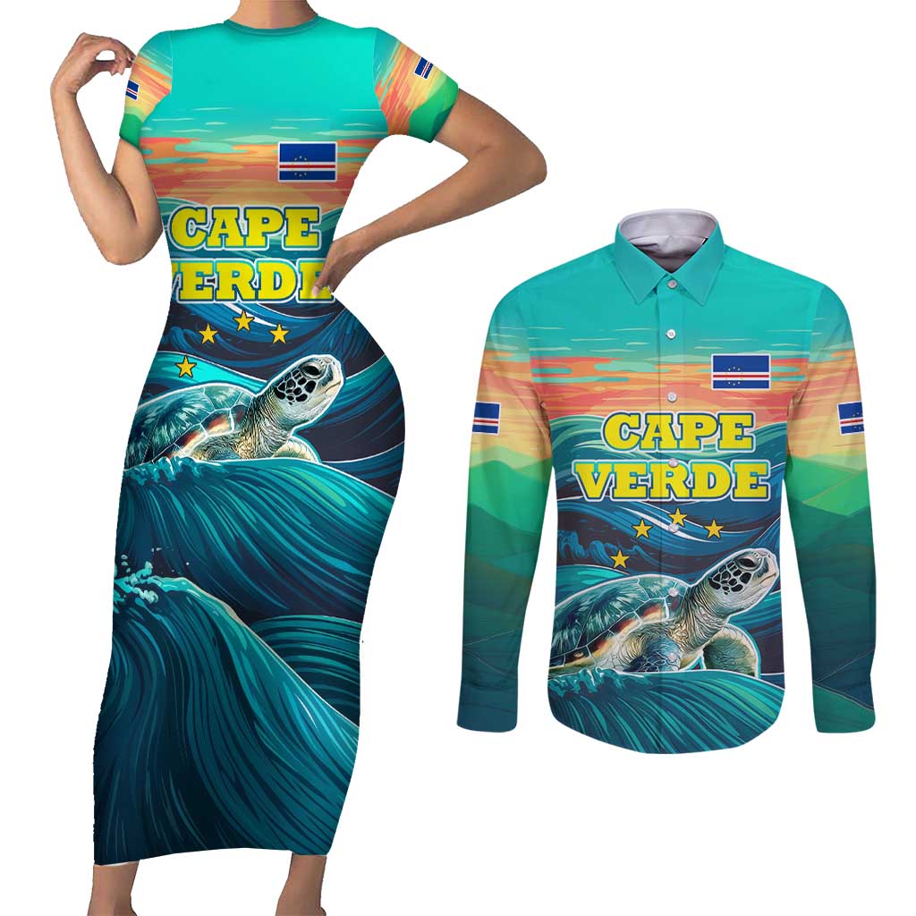 Cape Verde Couples Matching Short Sleeve Bodycon Dress and Long Sleeve Button Shirt with Loggerhead Sea Turtle Ocean Sunset Spirit