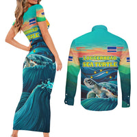 Cape Verde Couples Matching Short Sleeve Bodycon Dress and Long Sleeve Button Shirt with Loggerhead Sea Turtle Ocean Sunset Spirit