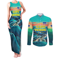 Cape Verde Couples Matching Tank Maxi Dress and Long Sleeve Button Shirt with Loggerhead Sea Turtle Ocean Sunset Spirit