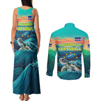 Cape Verde Couples Matching Tank Maxi Dress and Long Sleeve Button Shirt with Loggerhead Sea Turtle Ocean Sunset Spirit
