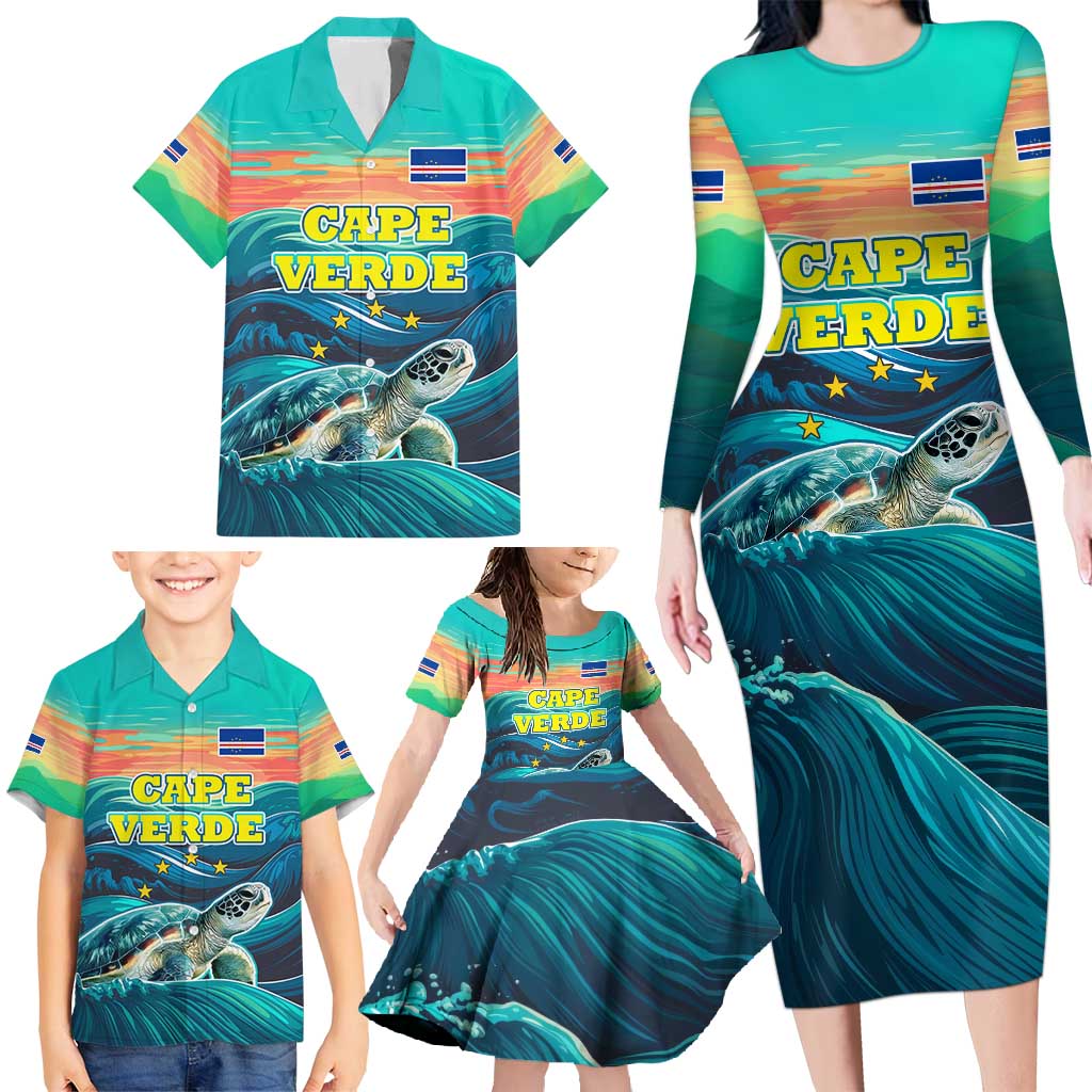 Cape Verde Family Matching Long Sleeve Bodycon Dress and Hawaiian Shirt with Loggerhead Sea Turtle Ocean Sunset Spirit