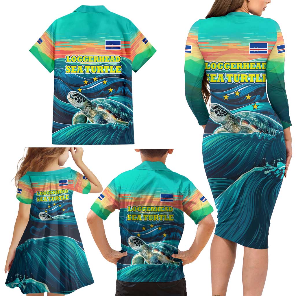 Cape Verde Family Matching Long Sleeve Bodycon Dress and Hawaiian Shirt with Loggerhead Sea Turtle Ocean Sunset Spirit
