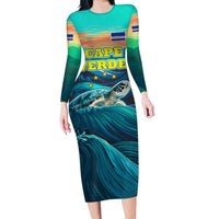 Cape Verde Family Matching Long Sleeve Bodycon Dress and Hawaiian Shirt with Loggerhead Sea Turtle Ocean Sunset Spirit
