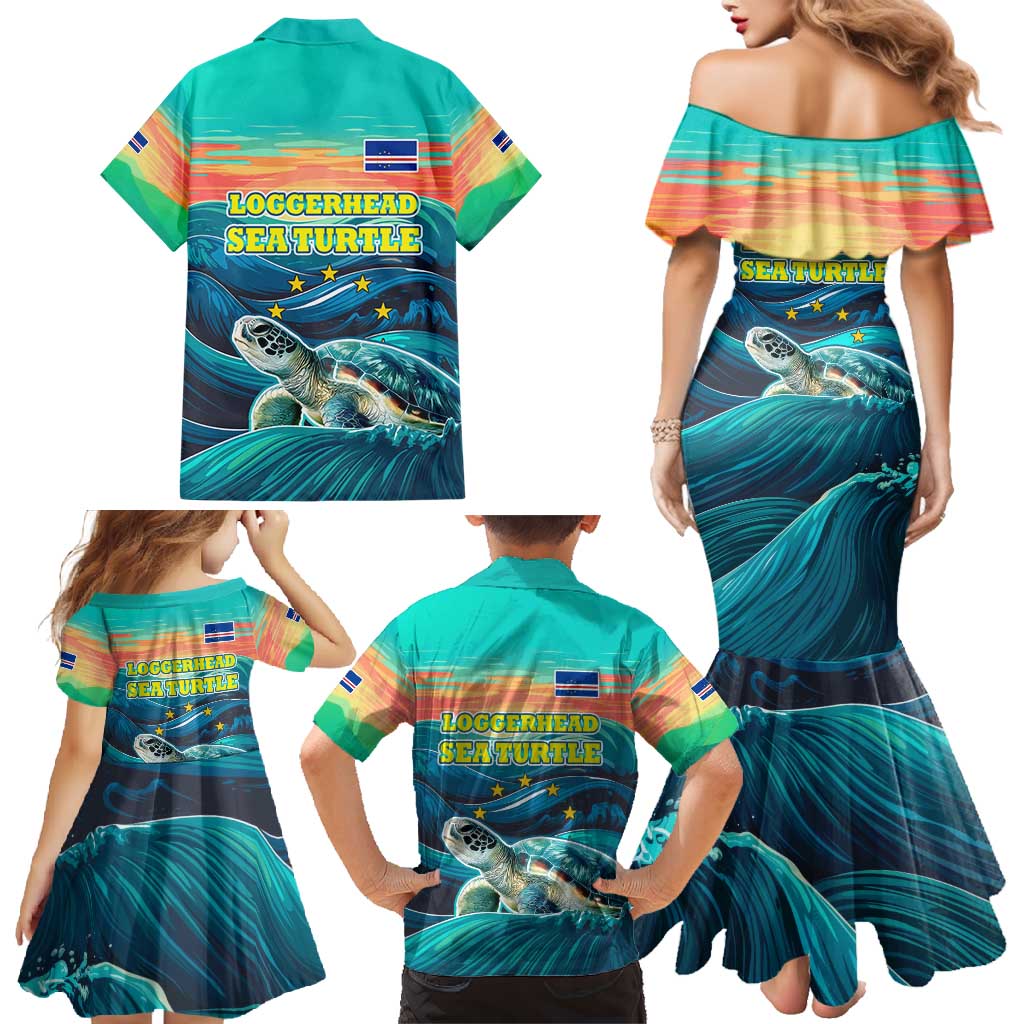 Cape Verde Family Matching Mermaid Dress and Hawaiian Shirt with Loggerhead Sea Turtle Ocean Sunset Spirit