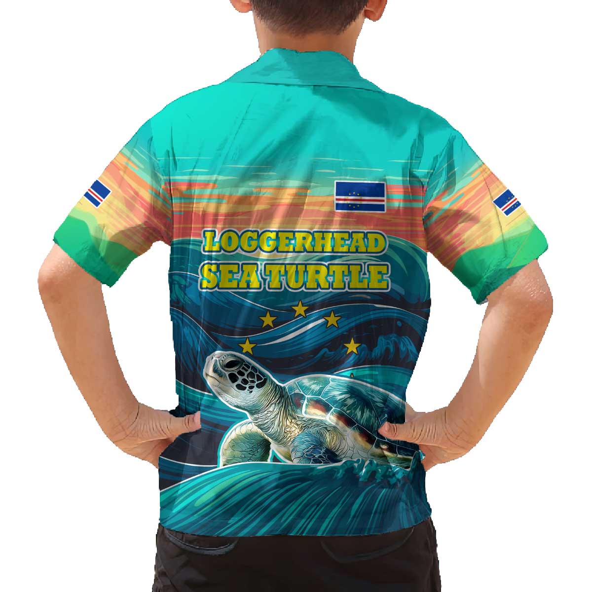 Cape Verde Family Matching Off The Shoulder Long Sleeve Dress and Hawaiian Shirt with Loggerhead Sea Turtle Ocean Sunset Spirit