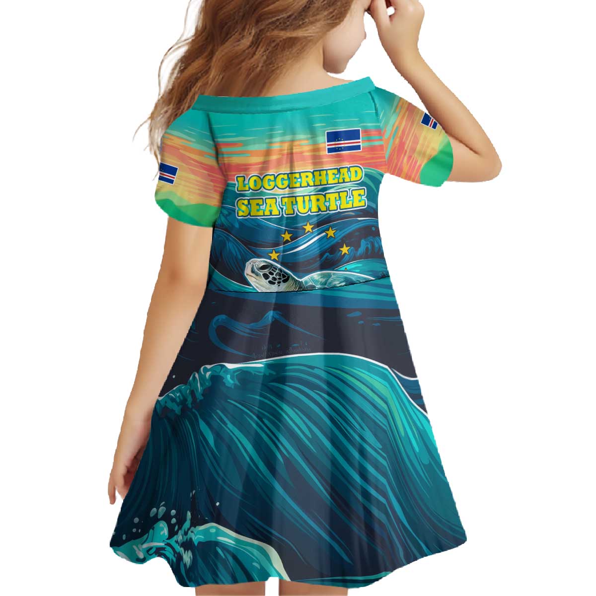 Cape Verde Family Matching Off The Shoulder Long Sleeve Dress and Hawaiian Shirt with Loggerhead Sea Turtle Ocean Sunset Spirit