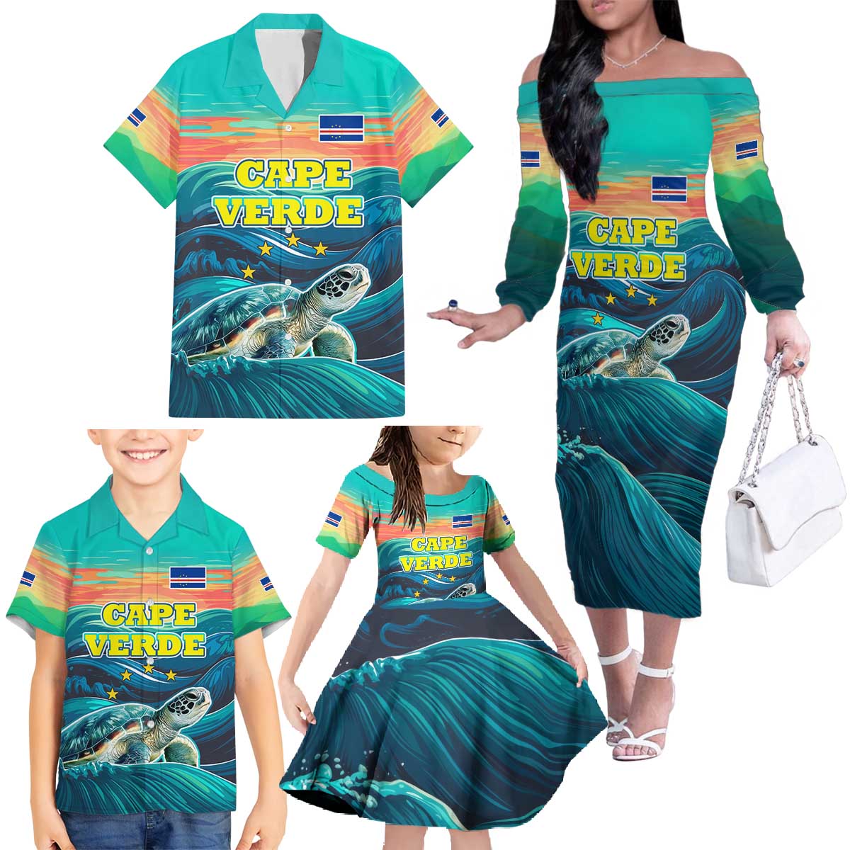 Cape Verde Family Matching Off The Shoulder Long Sleeve Dress and Hawaiian Shirt with Loggerhead Sea Turtle Ocean Sunset Spirit