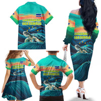 Cape Verde Family Matching Off The Shoulder Long Sleeve Dress and Hawaiian Shirt with Loggerhead Sea Turtle Ocean Sunset Spirit