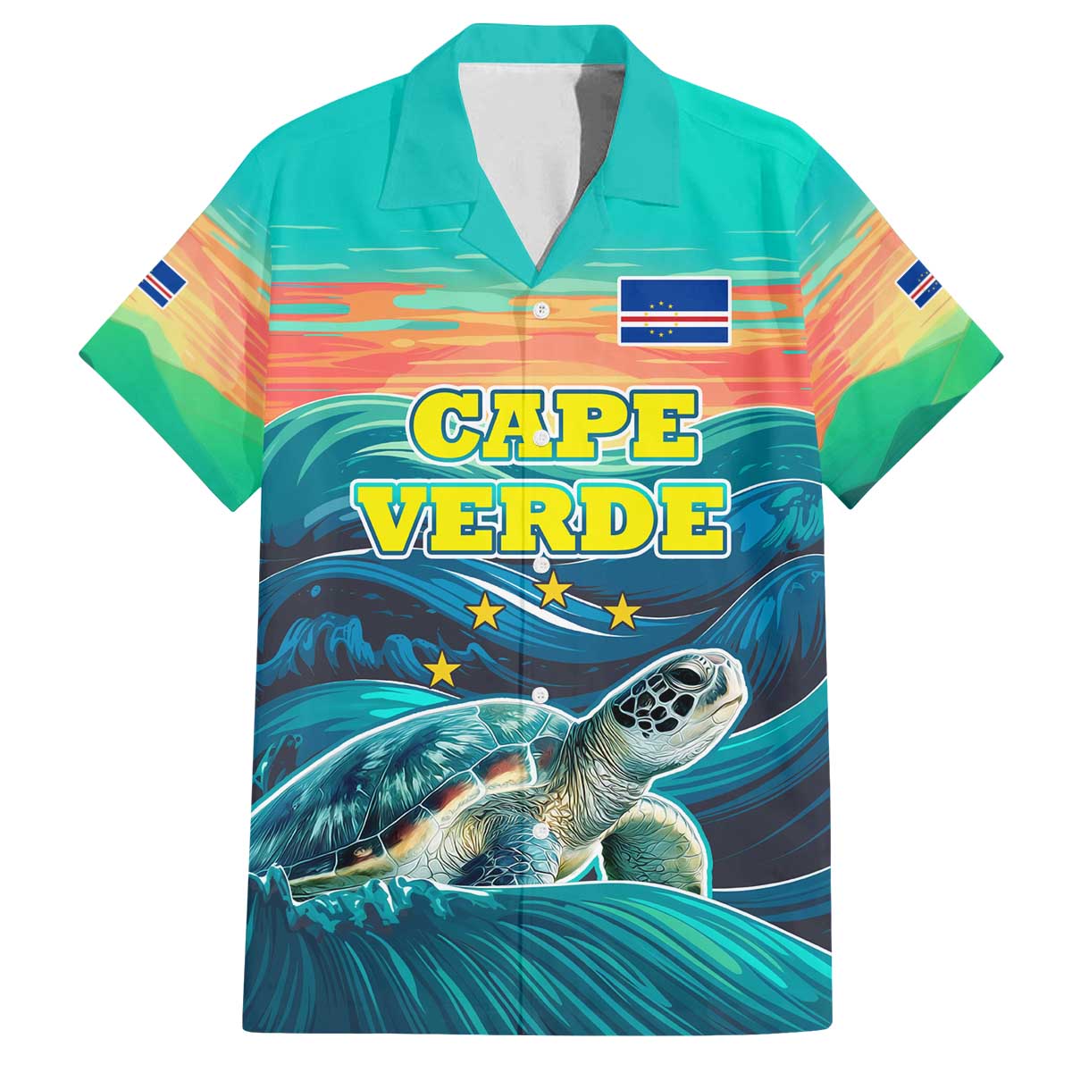 Cape Verde Family Matching Off The Shoulder Long Sleeve Dress and Hawaiian Shirt with Loggerhead Sea Turtle Ocean Sunset Spirit