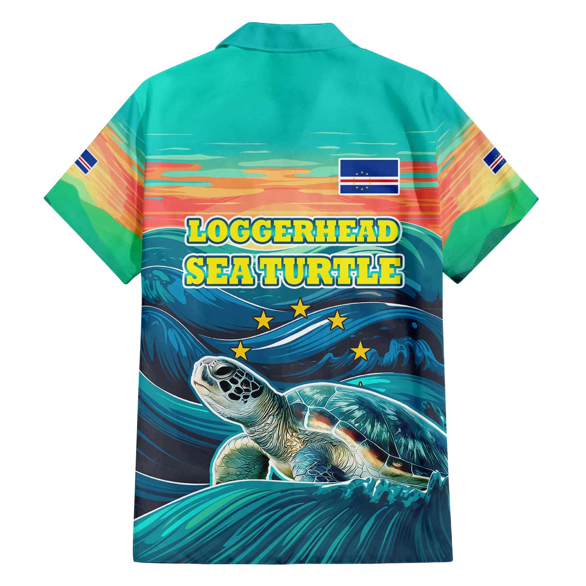 Cape Verde Family Matching Off The Shoulder Long Sleeve Dress and Hawaiian Shirt with Loggerhead Sea Turtle Ocean Sunset Spirit