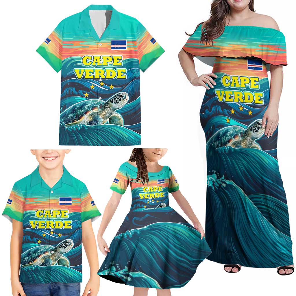 Cape Verde Family Matching Off Shoulder Maxi Dress and Hawaiian Shirt with Loggerhead Sea Turtle Ocean Sunset Spirit
