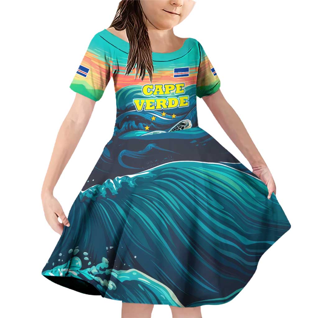 Cape Verde Family Matching Off Shoulder Short Dress and Hawaiian Shirt with Loggerhead Sea Turtle Ocean Sunset Spirit