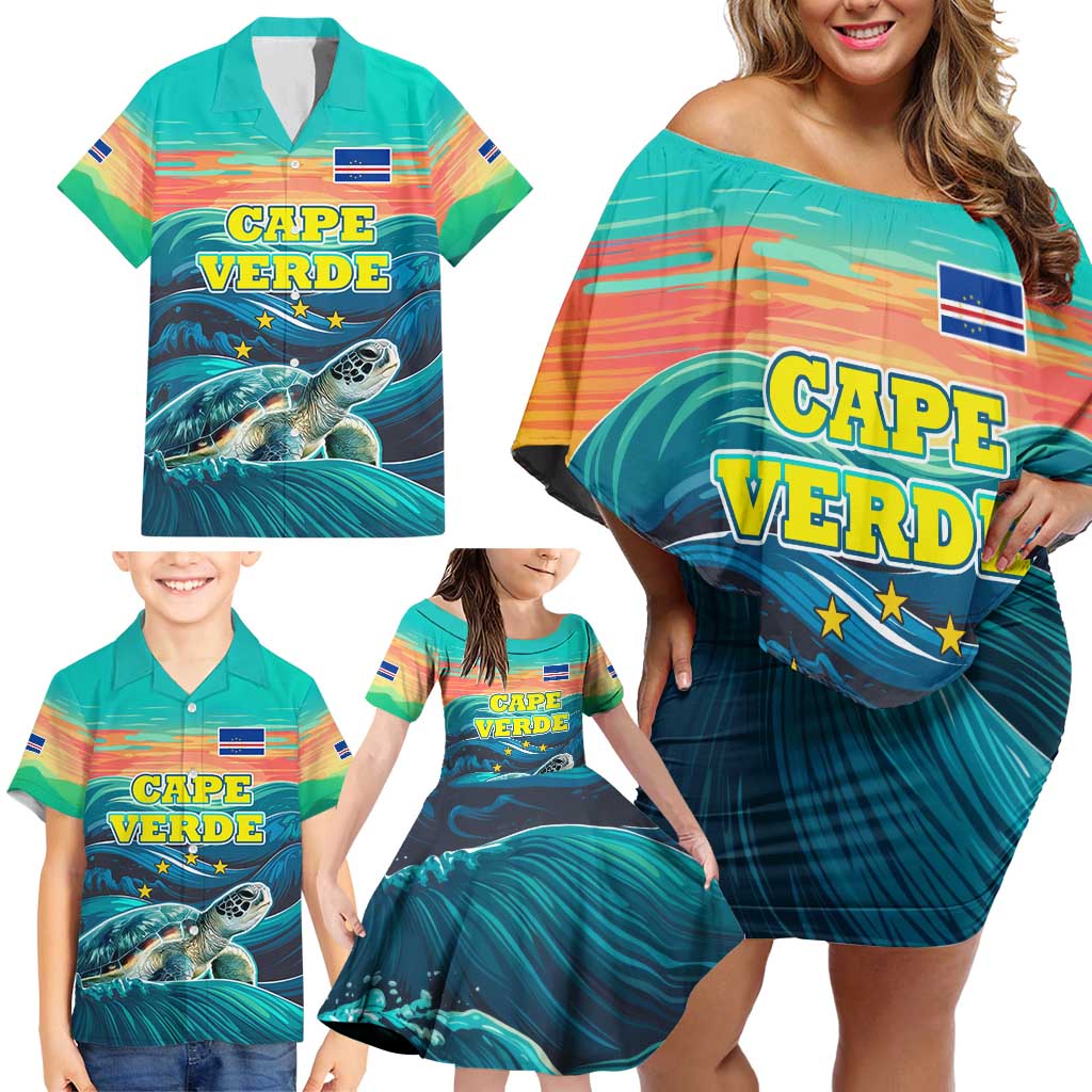 Cape Verde Family Matching Off Shoulder Short Dress and Hawaiian Shirt with Loggerhead Sea Turtle Ocean Sunset Spirit