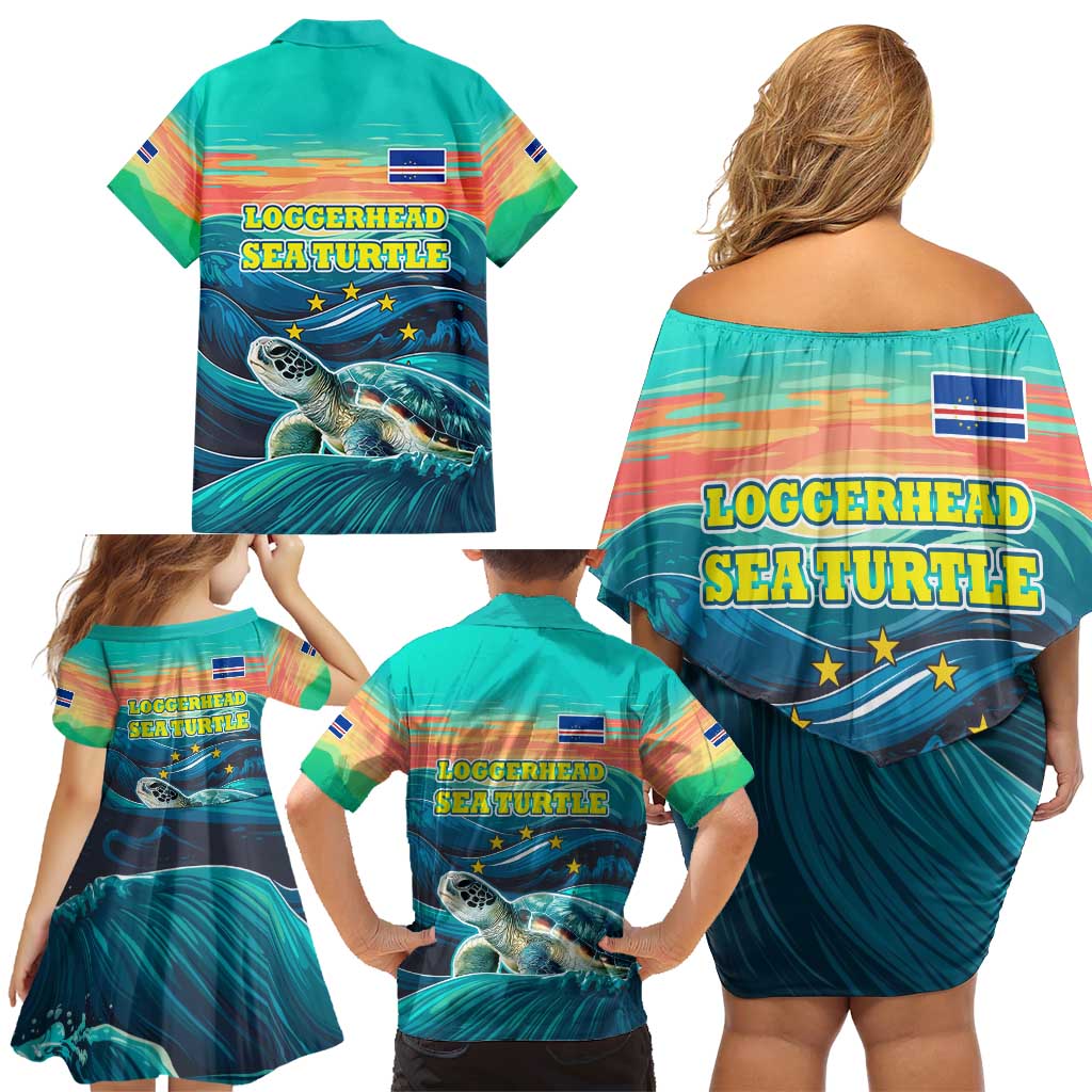 Cape Verde Family Matching Off Shoulder Short Dress and Hawaiian Shirt with Loggerhead Sea Turtle Ocean Sunset Spirit