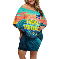 Cape Verde Family Matching Off Shoulder Short Dress and Hawaiian Shirt with Loggerhead Sea Turtle Ocean Sunset Spirit