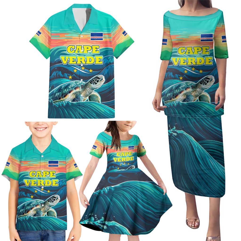 Cape Verde Family Matching Puletasi and Hawaiian Shirt with Loggerhead Sea Turtle Ocean Sunset Spirit