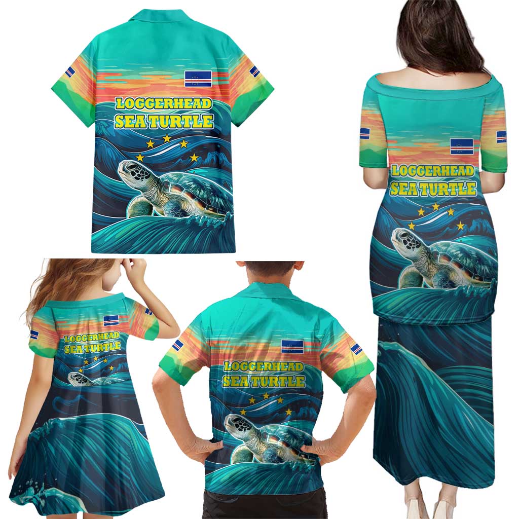 Cape Verde Family Matching Puletasi and Hawaiian Shirt with Loggerhead Sea Turtle Ocean Sunset Spirit