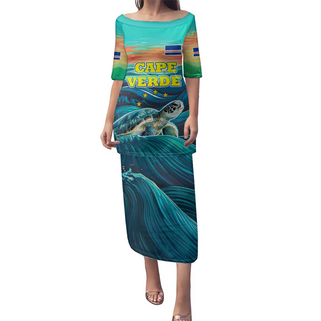 Cape Verde Family Matching Puletasi and Hawaiian Shirt with Loggerhead Sea Turtle Ocean Sunset Spirit