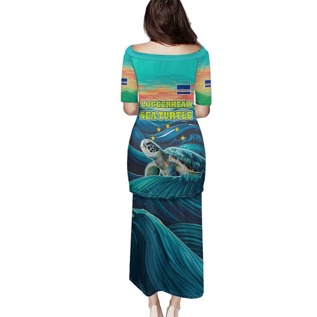 Cape Verde Family Matching Puletasi and Hawaiian Shirt with Loggerhead Sea Turtle Ocean Sunset Spirit