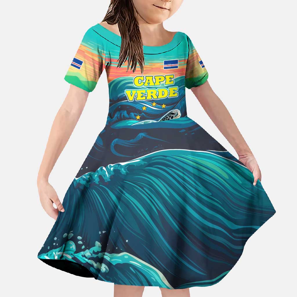 Cape Verde Family Matching Short Sleeve Bodycon Dress and Hawaiian Shirt with Loggerhead Sea Turtle Ocean Sunset Spirit