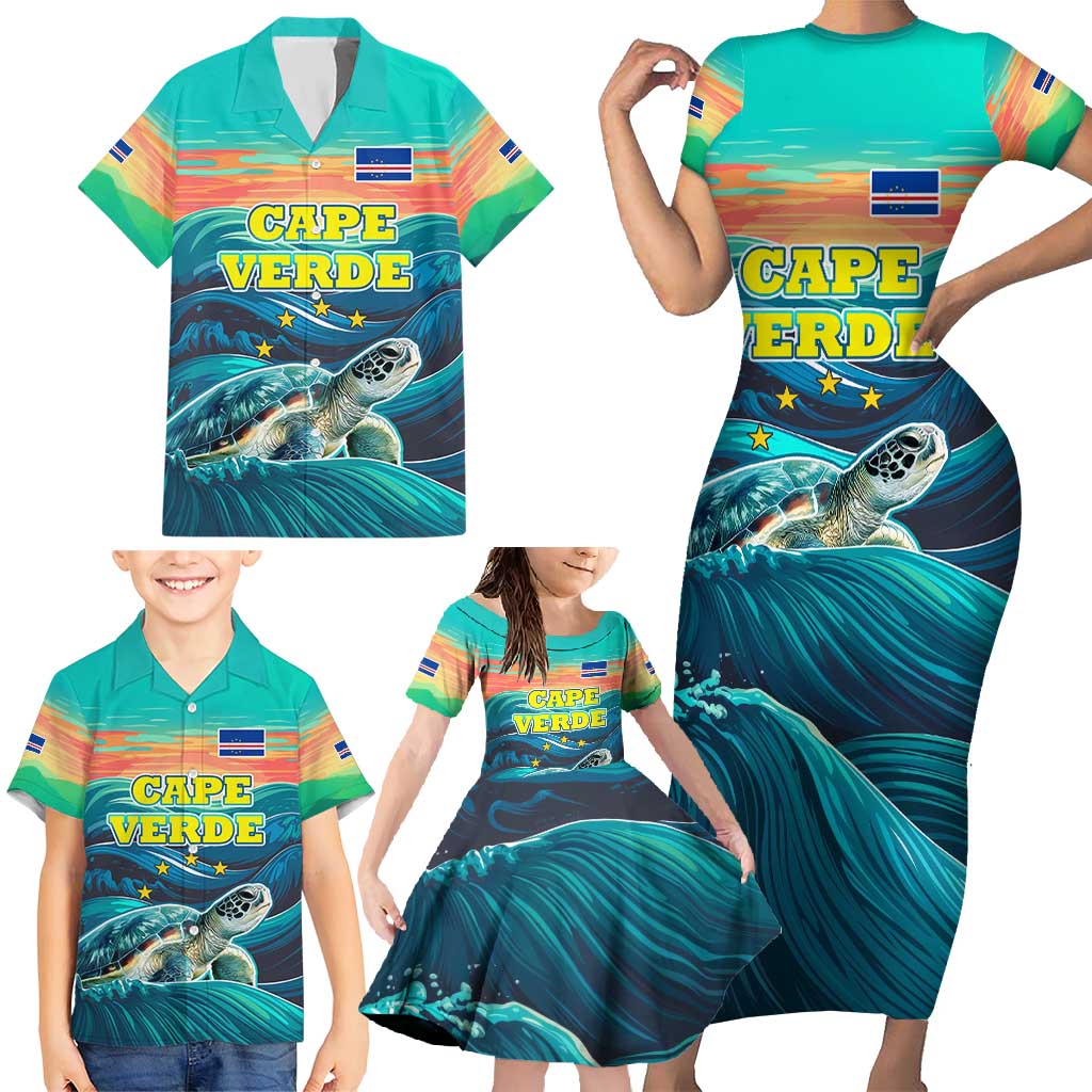 Cape Verde Family Matching Short Sleeve Bodycon Dress and Hawaiian Shirt with Loggerhead Sea Turtle Ocean Sunset Spirit