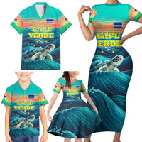 Cape Verde Family Matching Short Sleeve Bodycon Dress and Hawaiian Shirt with Loggerhead Sea Turtle Ocean Sunset Spirit