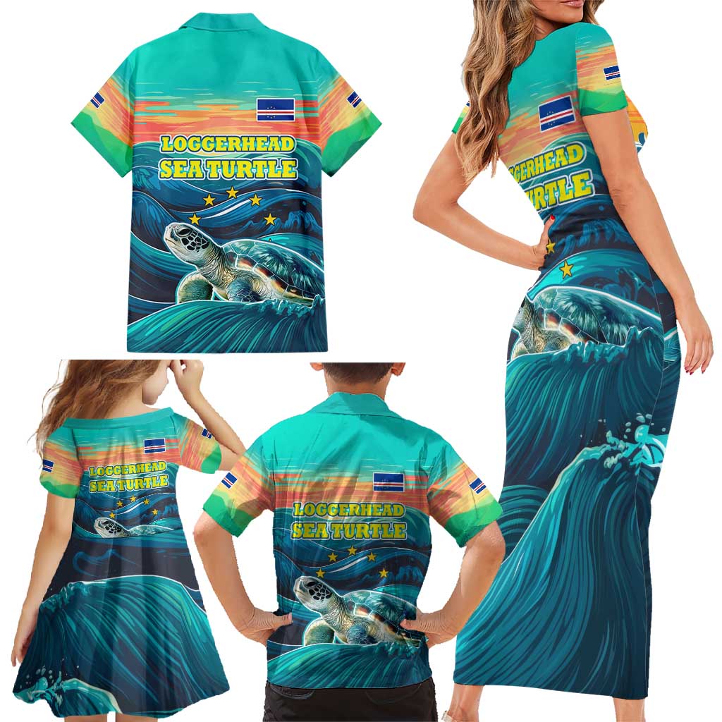 Cape Verde Family Matching Short Sleeve Bodycon Dress and Hawaiian Shirt with Loggerhead Sea Turtle Ocean Sunset Spirit