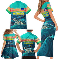 Cape Verde Family Matching Short Sleeve Bodycon Dress and Hawaiian Shirt with Loggerhead Sea Turtle Ocean Sunset Spirit