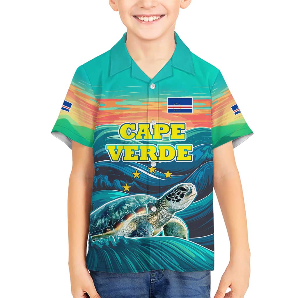 Cape Verde Family Matching Short Sleeve Bodycon Dress and Hawaiian Shirt with Loggerhead Sea Turtle Ocean Sunset Spirit