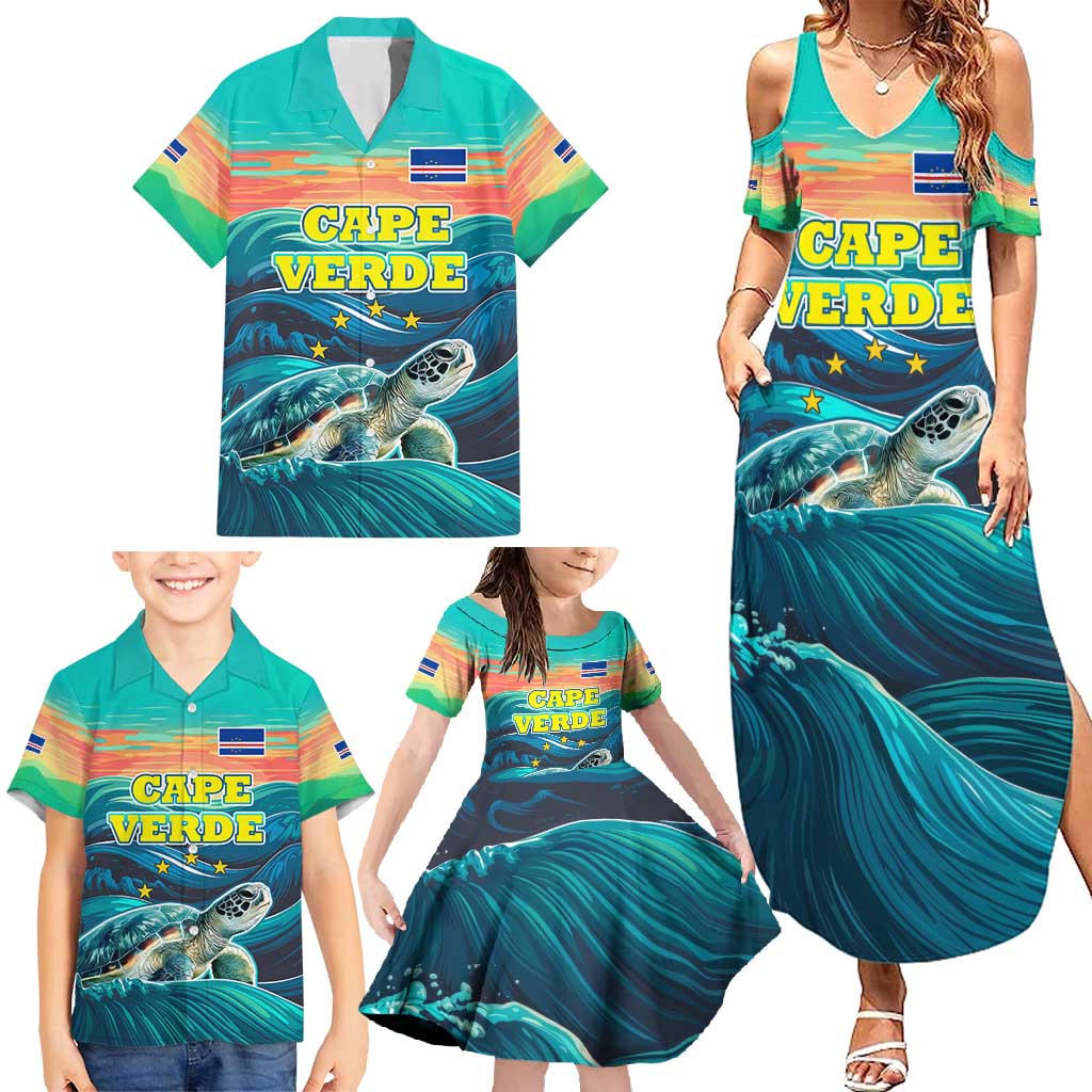 Cape Verde Family Matching Summer Maxi Dress and Hawaiian Shirt with Loggerhead Sea Turtle Ocean Sunset Spirit