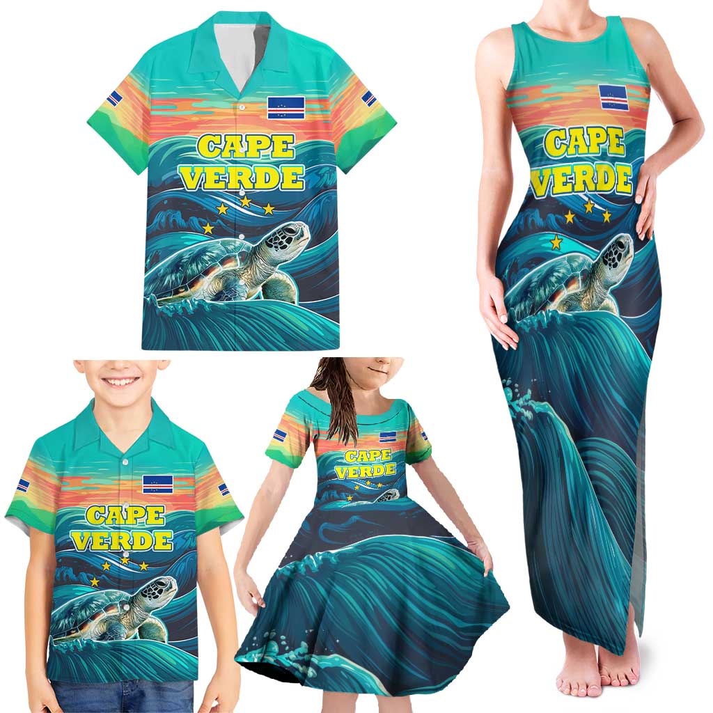 Cape Verde Family Matching Tank Maxi Dress and Hawaiian Shirt with Loggerhead Sea Turtle Ocean Sunset Spirit
