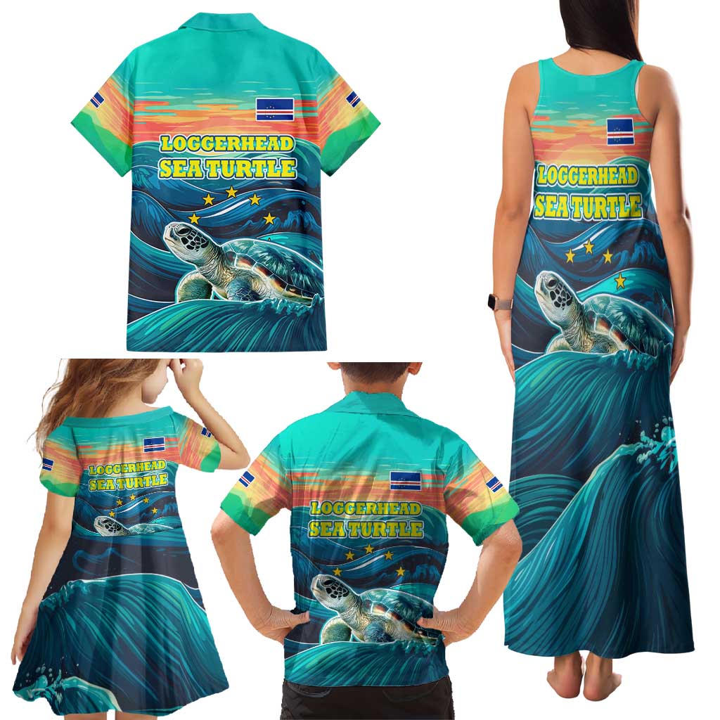 Cape Verde Family Matching Tank Maxi Dress and Hawaiian Shirt with Loggerhead Sea Turtle Ocean Sunset Spirit
