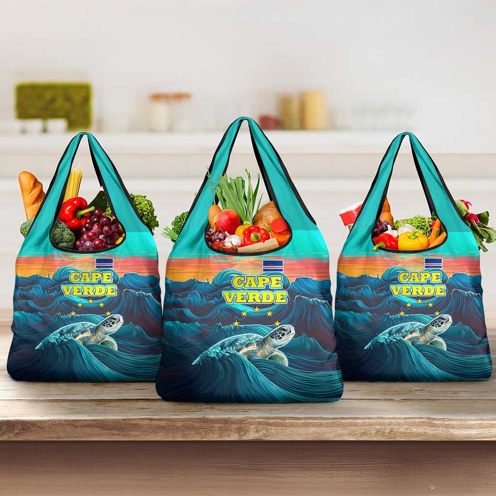 Cape Verde Grocery Bag with Loggerhead Sea Turtle Ocean Sunset Spirit