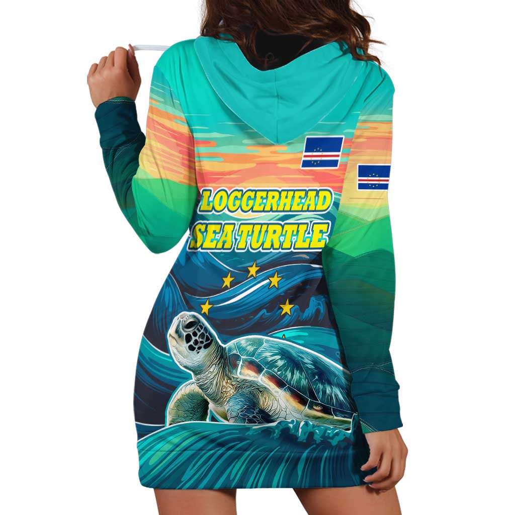 Cape Verde Hoodie Dress with Loggerhead Sea Turtle Ocean Sunset Spirit