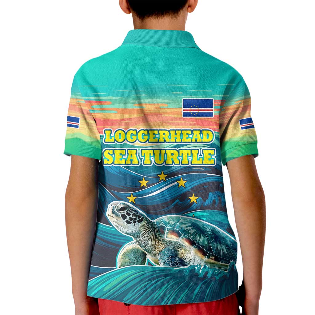 Cape Verde Kid Polo Shirt with Loggerhead Sea Turtle Ocean Sunset Spirit