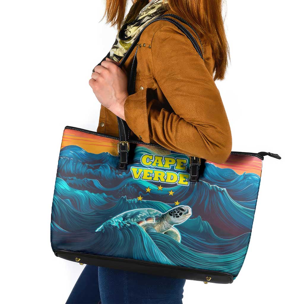 Cape Verde Leather Tote Bag with Loggerhead Sea Turtle Ocean Sunset Spirit