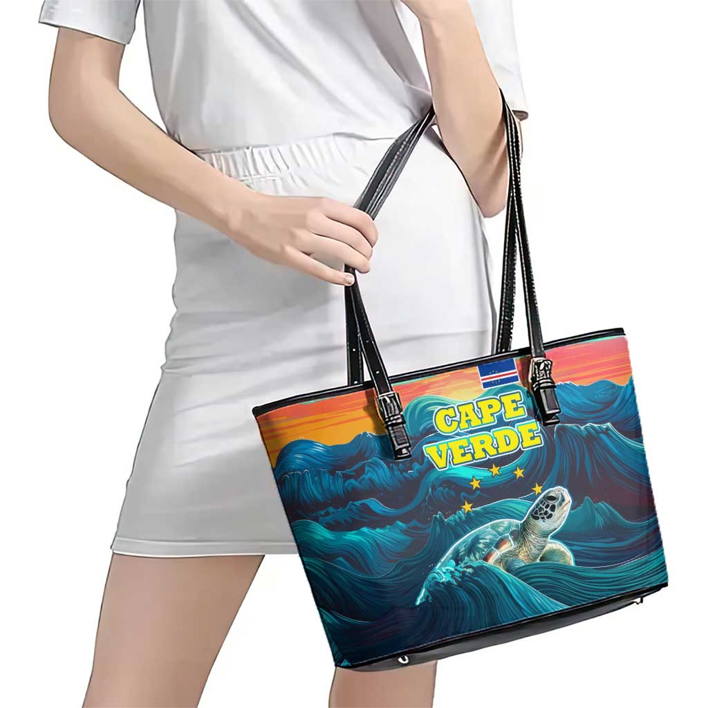 Cape Verde Leather Tote Bag with Loggerhead Sea Turtle Ocean Sunset Spirit